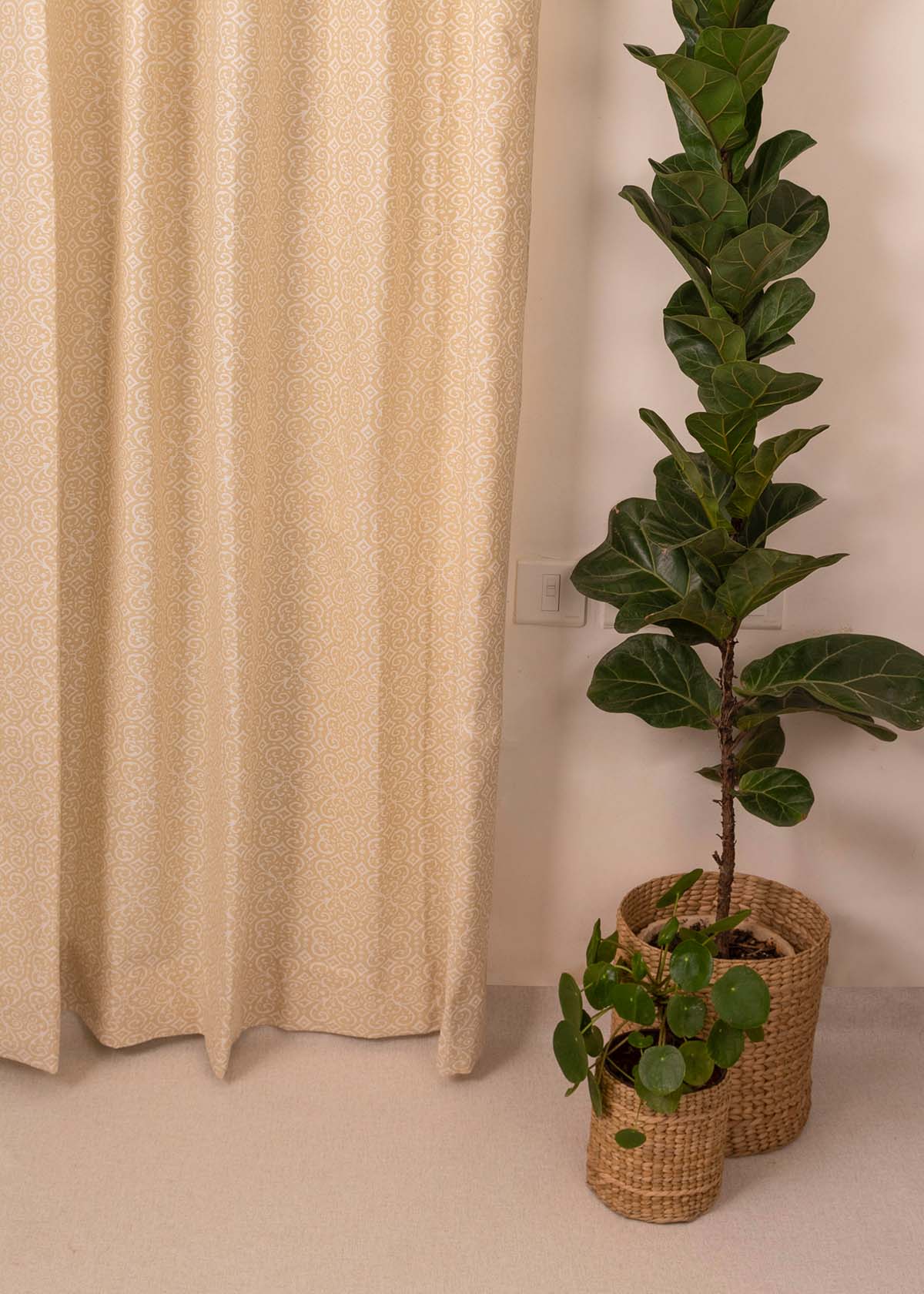 Antique Rose Printed Cotton Curtain - Cream