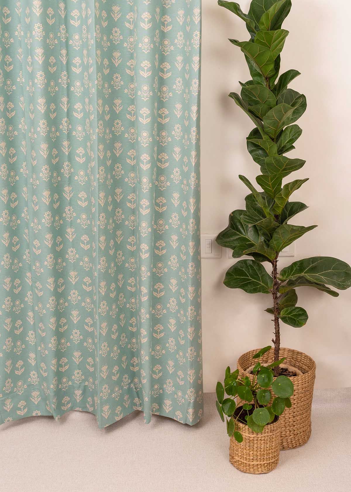 Dahlia Printed Cotton Curtain - Nile Blue