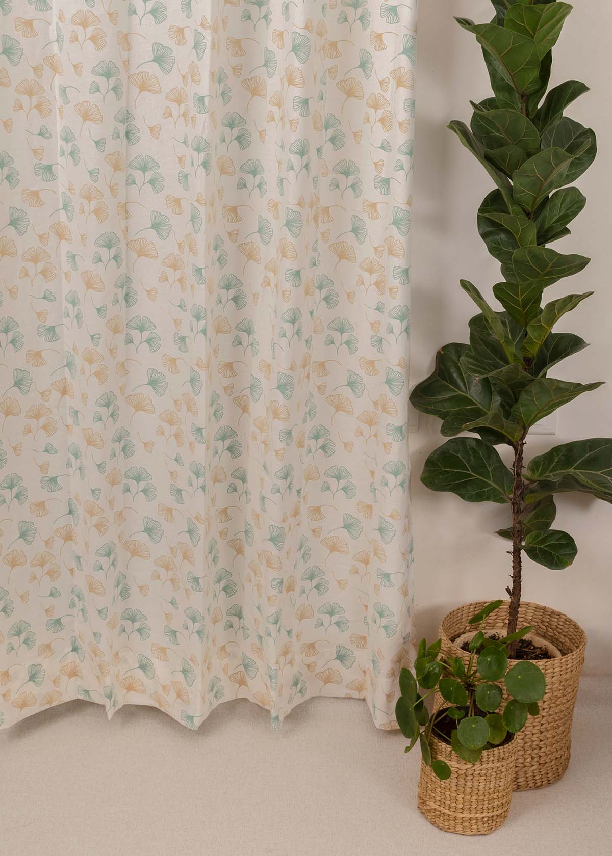 Gingko Printed Cotton Curtain - Nile Blue