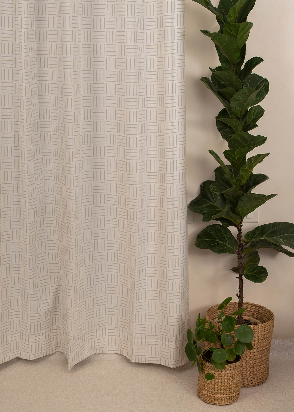 Hashlines Printed Cotton Curtain - Grey