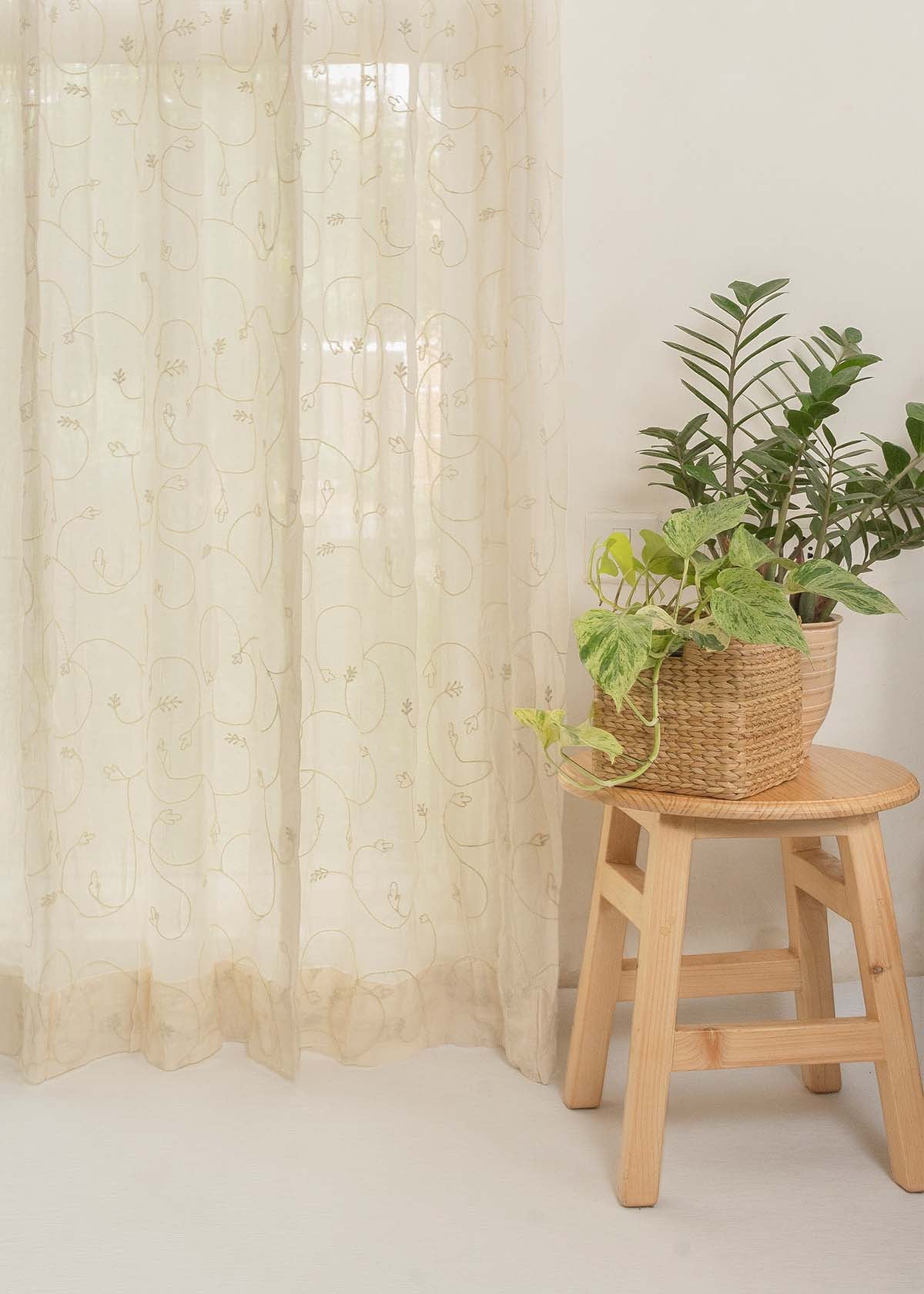 Ivy Vines Embroidered Sheer Curtain - Cream
