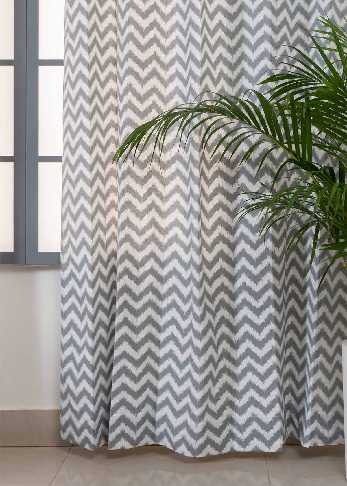 Ikat Chevron Printed Cotton Curtain - Grey