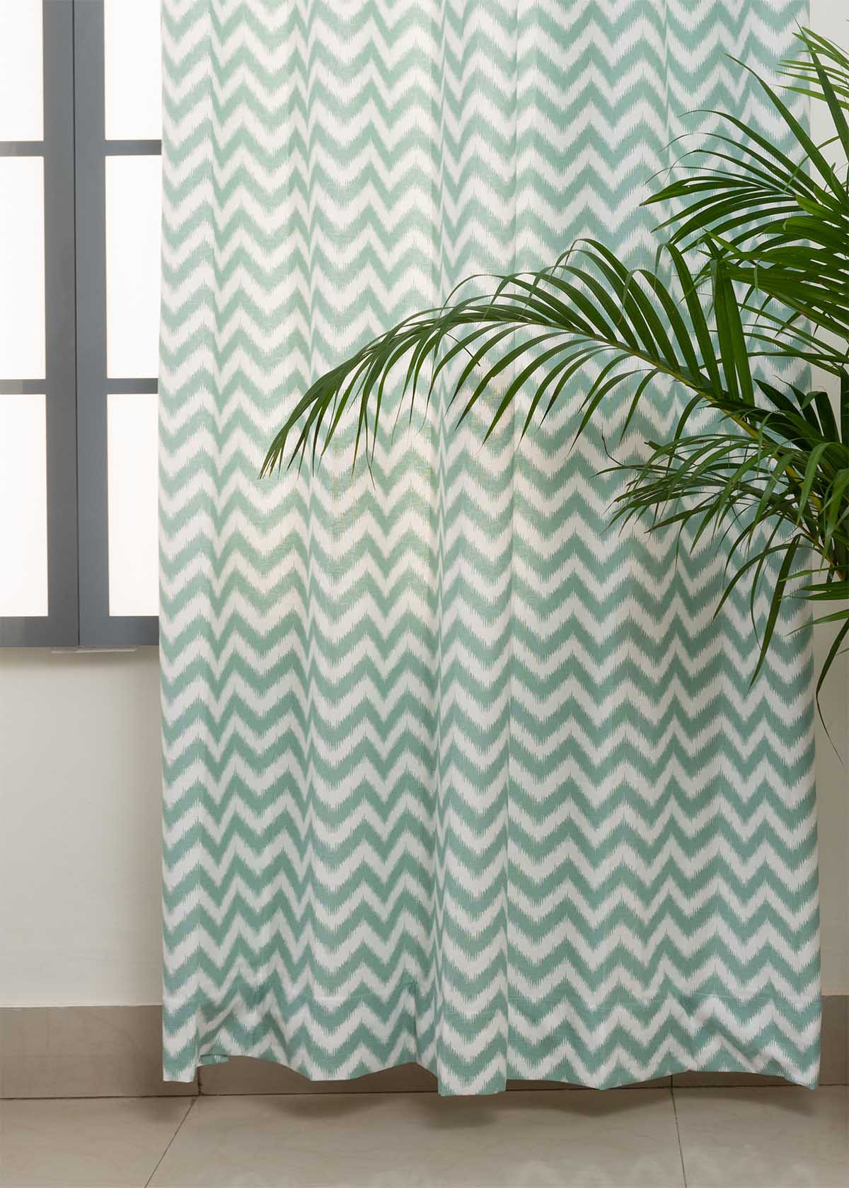 Ikat Chevron Printed Cotton Curtain - Nile Blue
