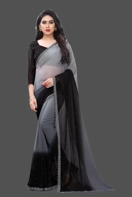 Self Design Bollywood Georgette Saree  (Black, Grey)