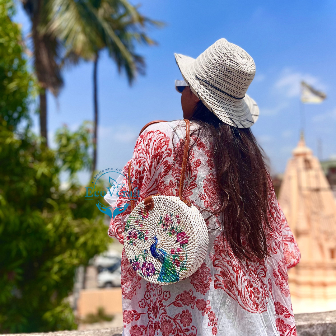 Peacock White Round Sling Bag