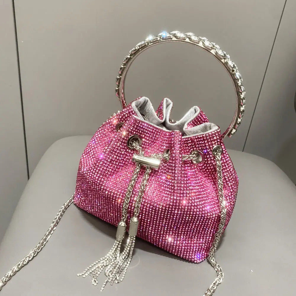 Chic Metallic Cylinder Handbag with Dazzling Diamond Accents