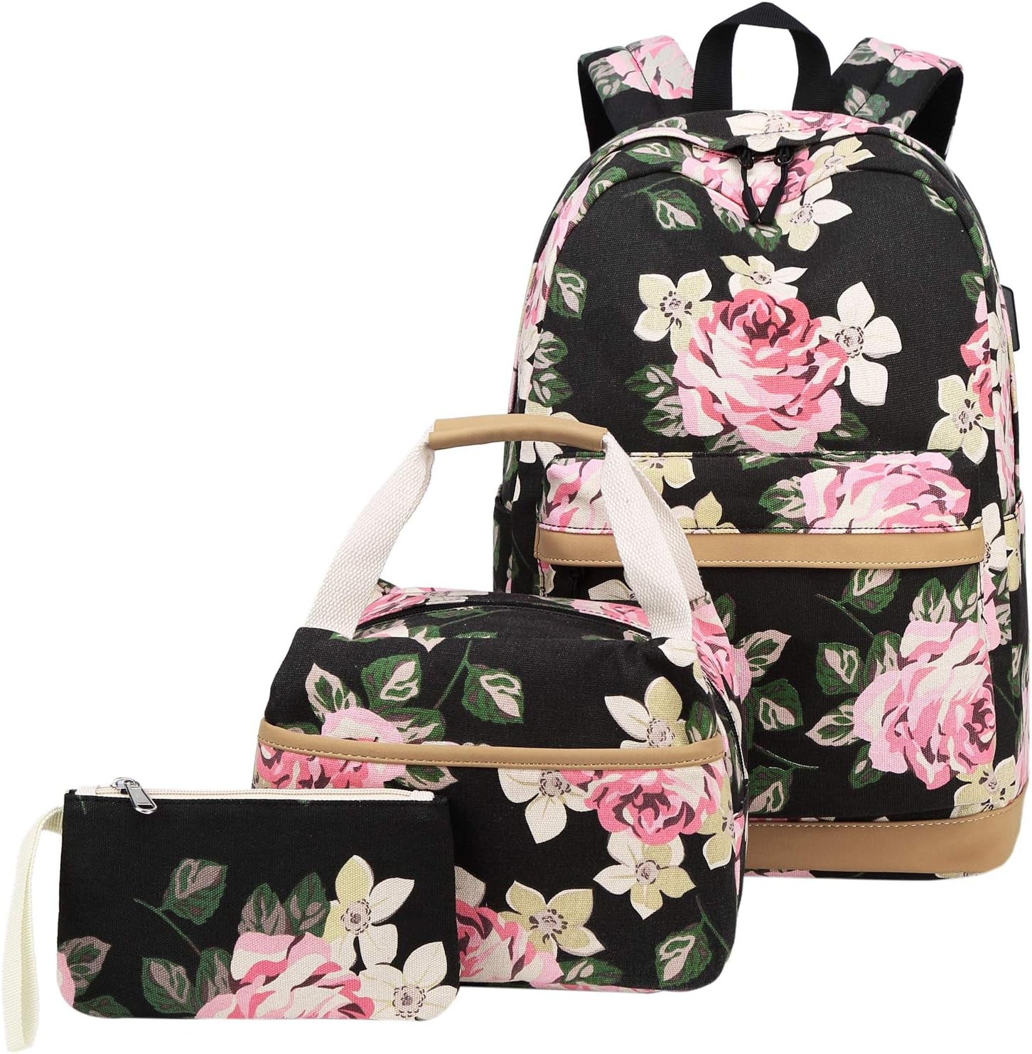 Canvas School Backpack Teens Backpack School Bag Backpack for School Book Bag Set (Floral-Black)