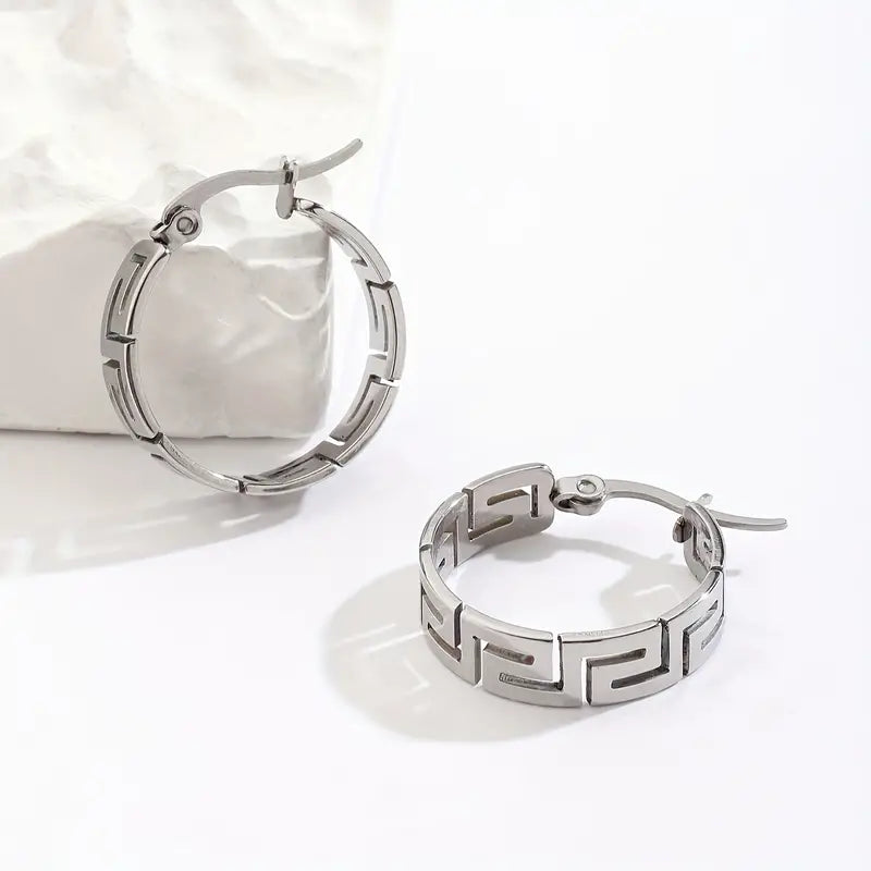 Stainless Steel Great Wall Pattern Hoop Earrings Vintage Elegant Style