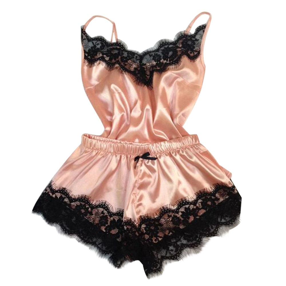Women pajamas Sleepwear Sexy Lingerie Set Satin Silk Lace Set
