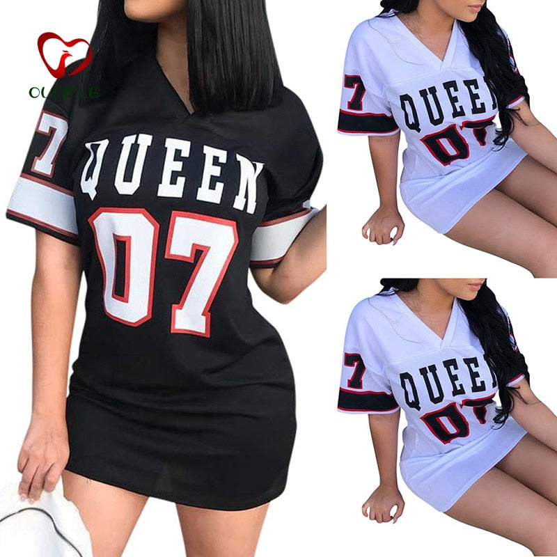 T Shirt Dress Women Short Dress Hip Hop Queen Printed Long T Shirt Loose V Neck Sexy Mini Dress