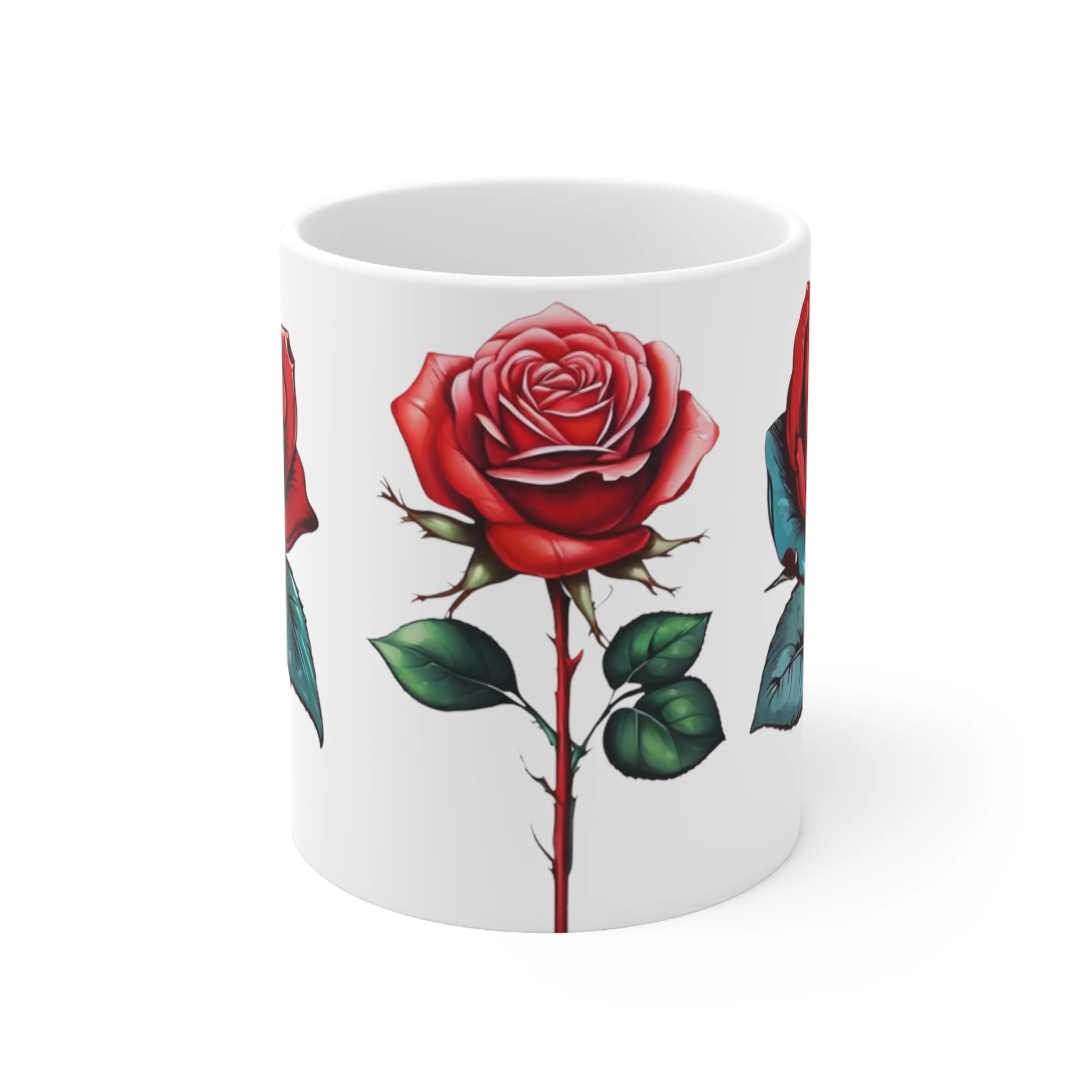 Hand Drawn Red Rose Mug - Ceramic Coffee Mug 11oz