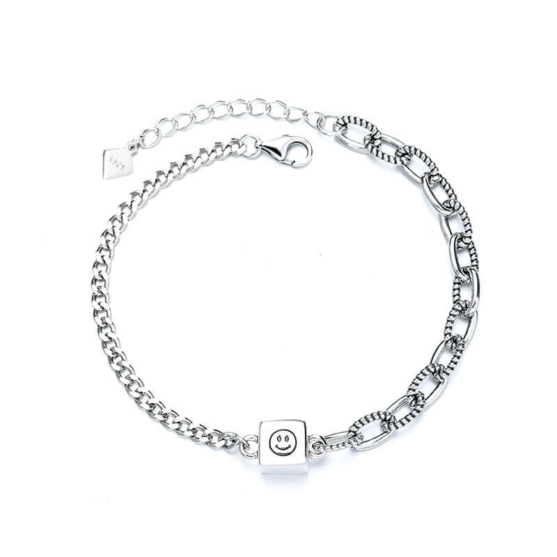 Square Smiley Sterling Silver Splice Chain Bracelet