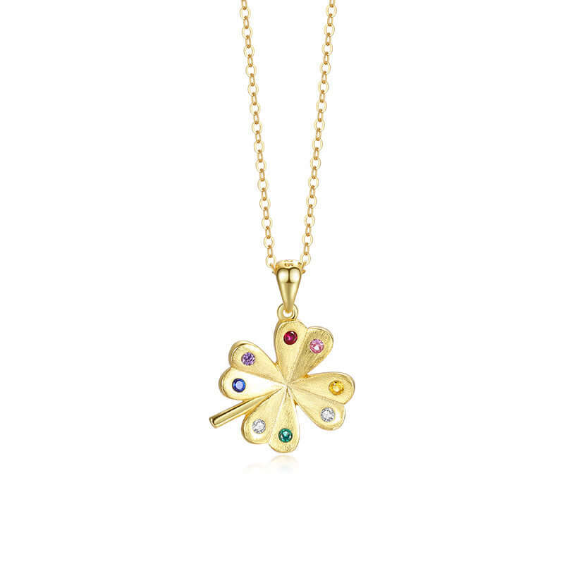 Four Leaf Clover Multi Color Zirconia Brushed Necklace