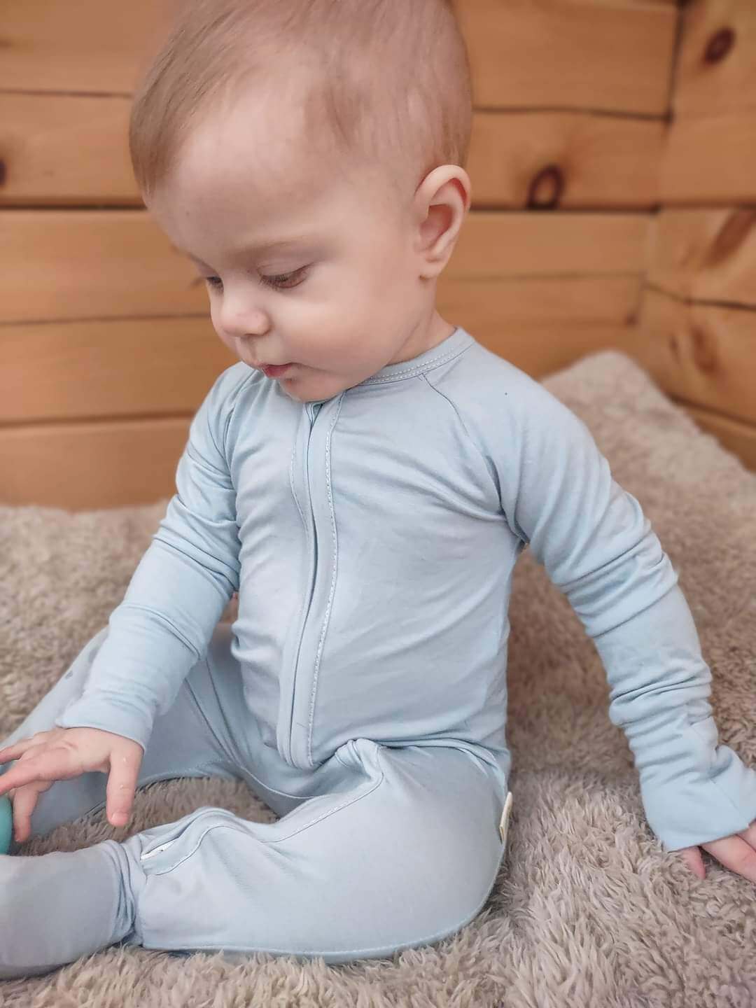 Basic Bamboo Zippie Pajamas -  Sad Beige Baby Blue