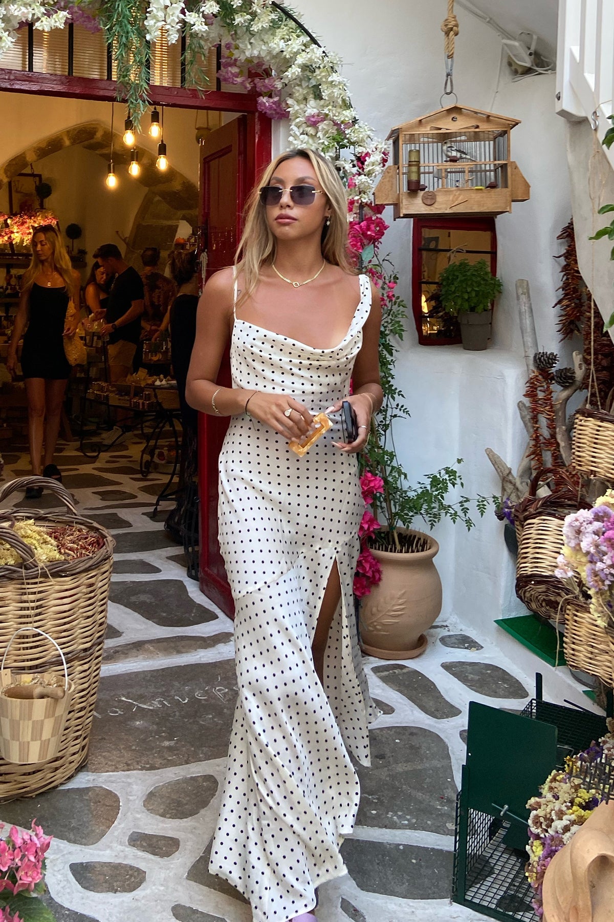 Satin Polka Dot Midi Dress Cream