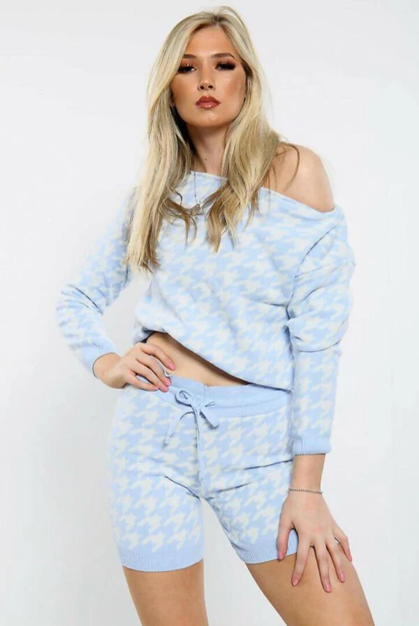 Dogtooth Slash Neck Knitted Short Loungewear - 3 colours