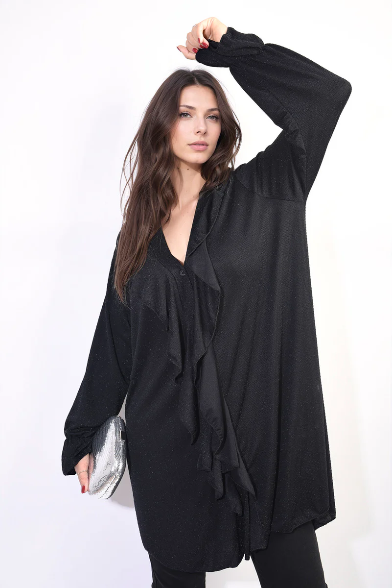 Jasmine Oversized Satin Ruffle Shirt Dress