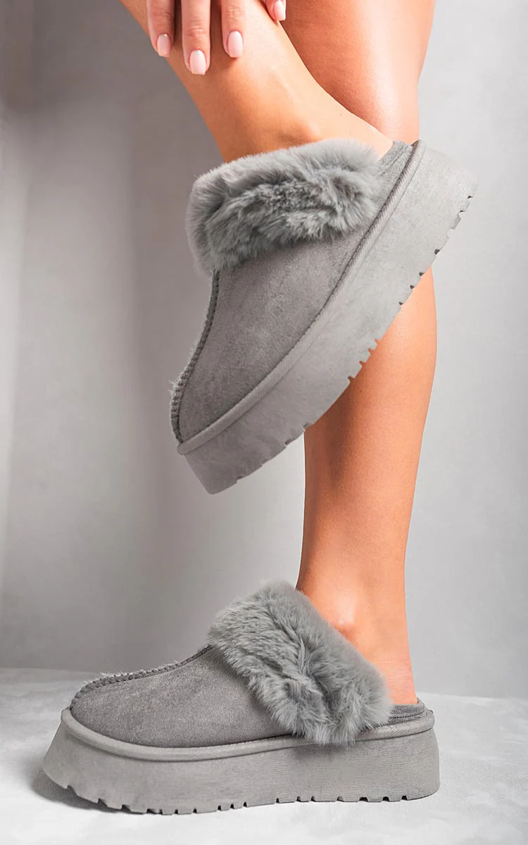 Kelly Faux Fur Trim Whisp Chunky Platform Slippers - 3 colours