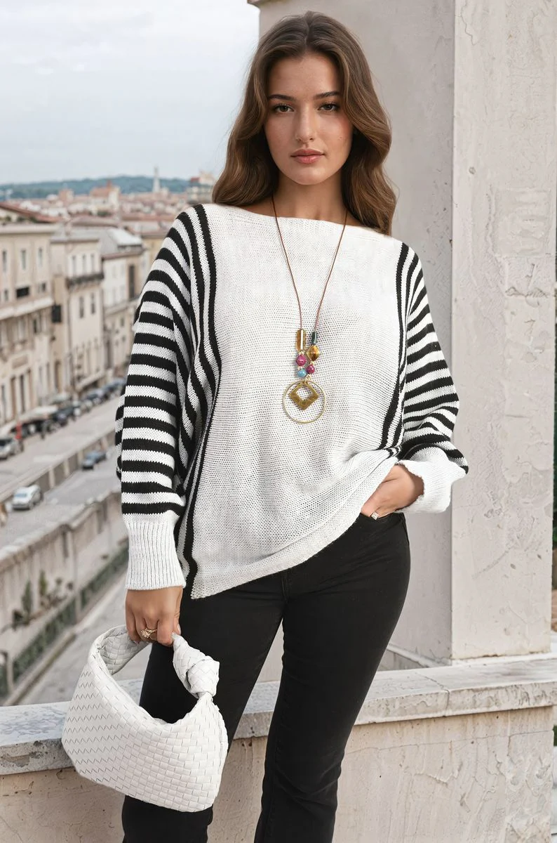 Curve Reyna Striped Batwing Long Sleeve Knitted Jumper with Necklace - 6 colours