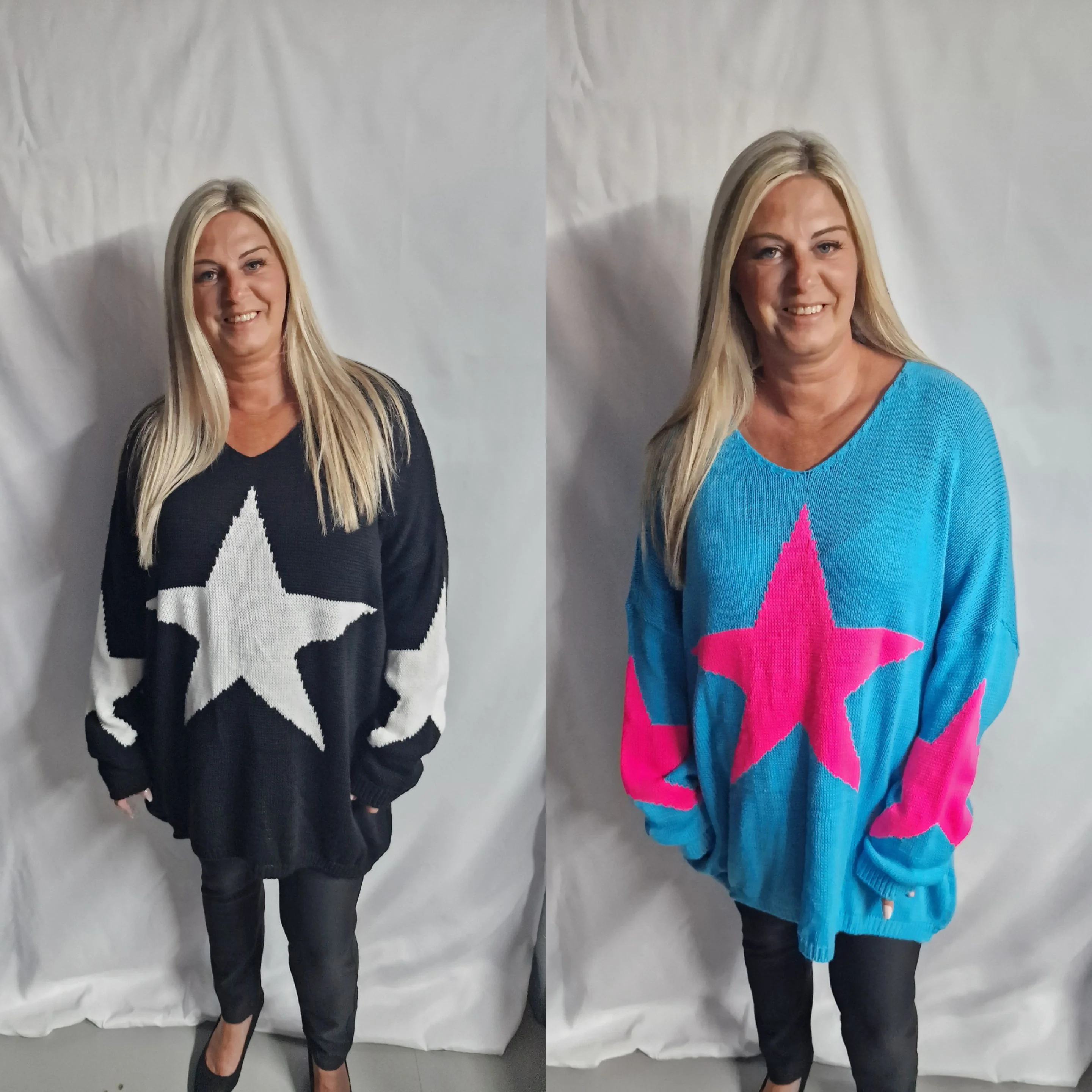 Curve Oversized Star Print Sleeve Knitted Jumper Top - 2 colours