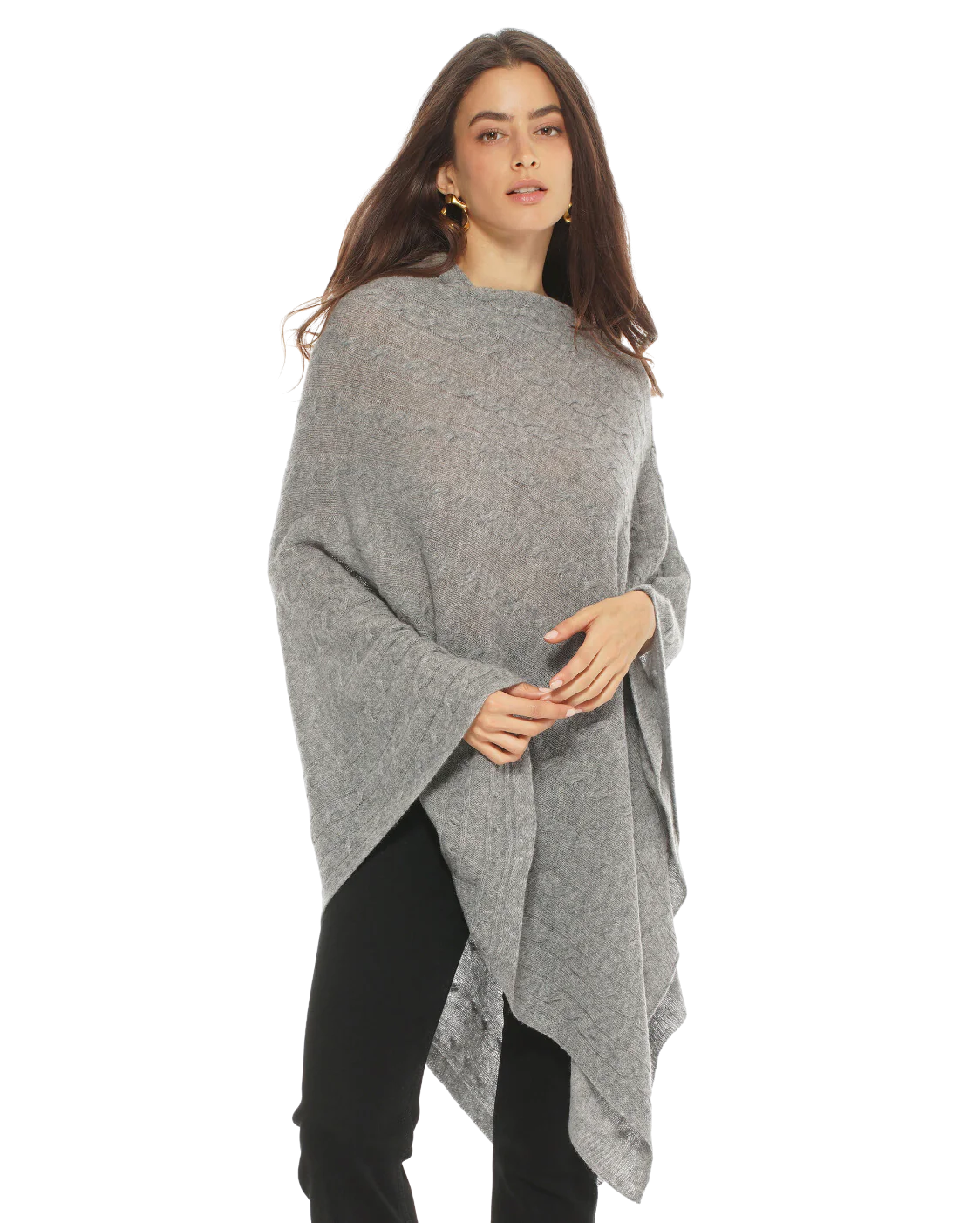 Pure Cashmere Cable Knit Poncho Medium Grey