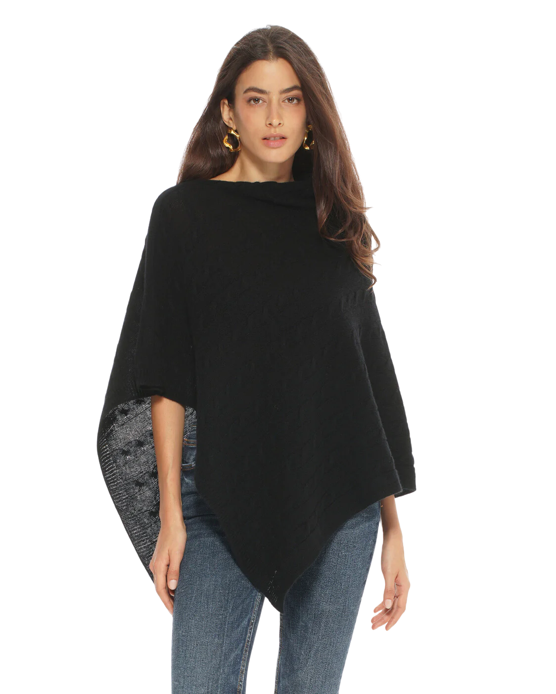 Pure Cashmere Cable Knit Poncho Black