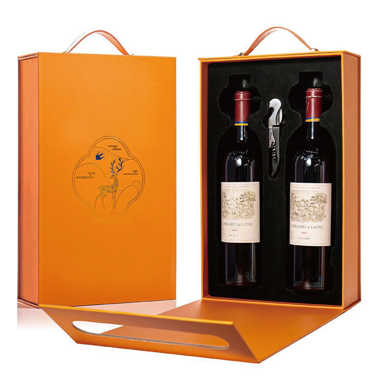 2 Bottle Wine Gift Box with Wine Opener in Stylish Orange Leather Box