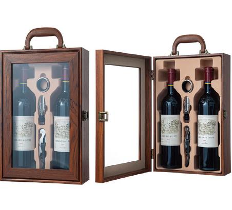 Double Red Wine Box Premium Wooden Gift Box with Clear Glass