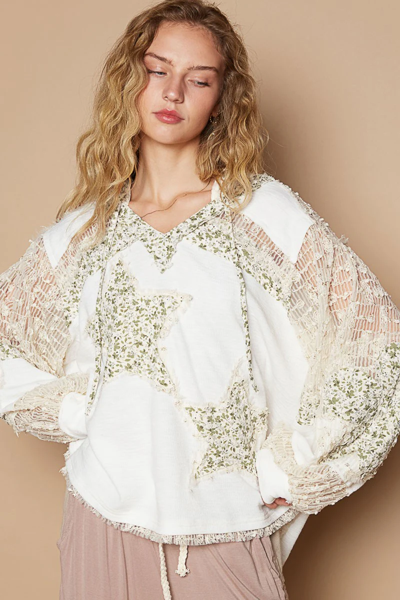 Ivory Multi Lace Hoodie - Long Sleeve - Star Patch