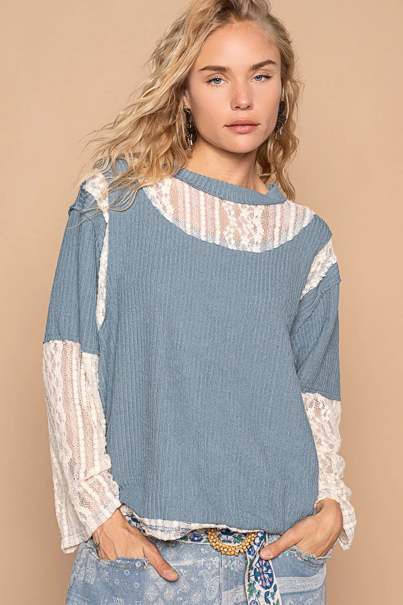 Cornflower Blue Lace Top - Long Sleeve - Round Neck