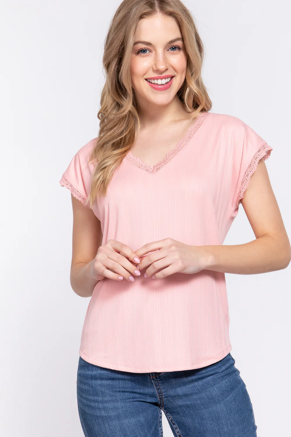 PINK Lace Top - Short Sleeve - Ribbed - V Neck