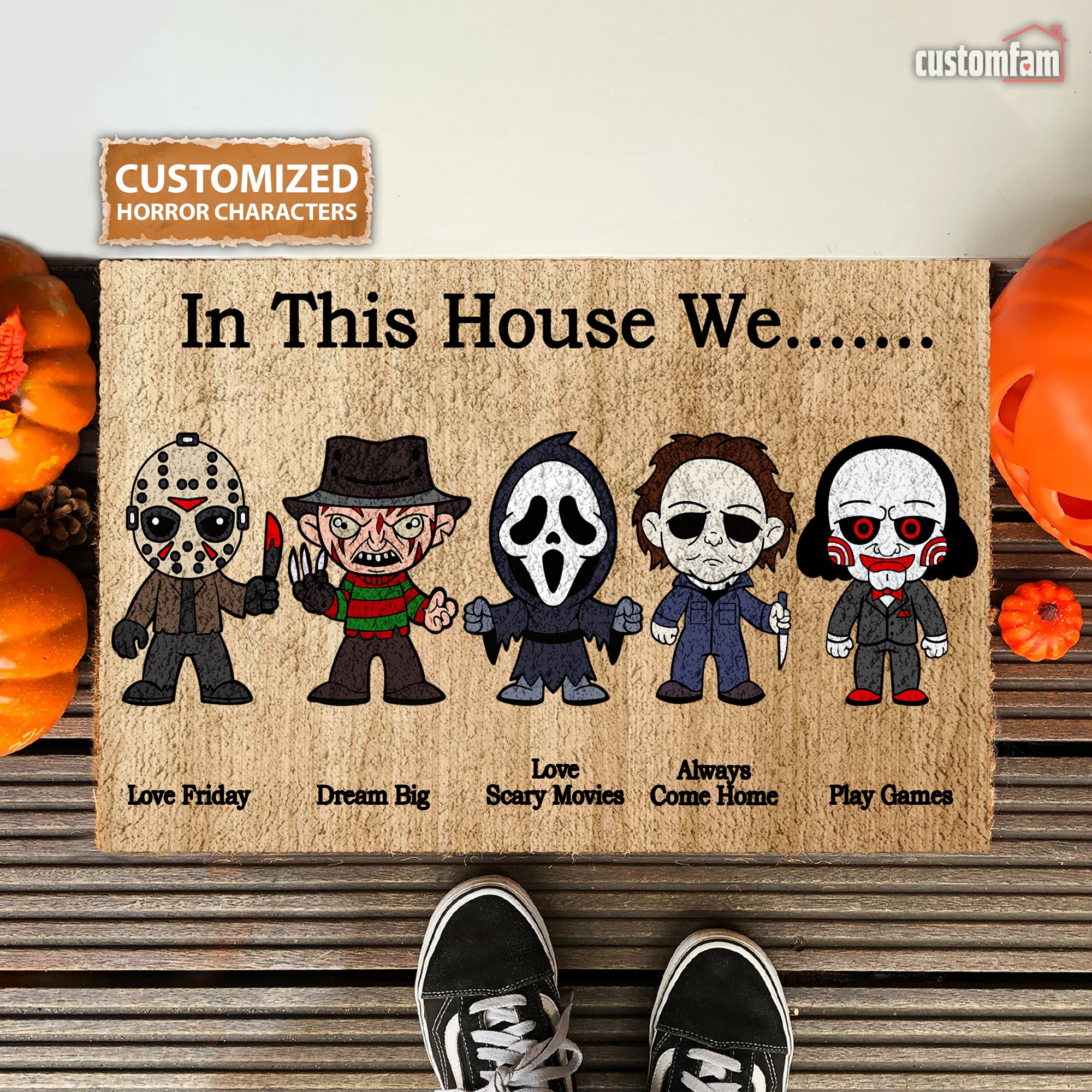 In This House We Horror Characters Doormat, Horror Movies Fans Gift, Halloween Decor