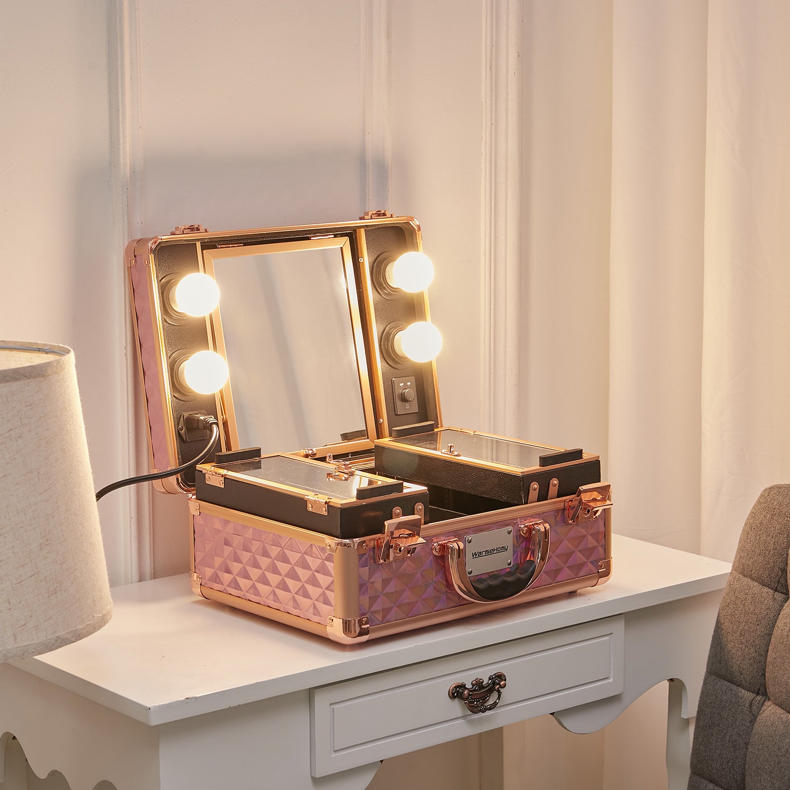 Rose Gold Makeup Travel Case Cosmetic Organizer with LED Light Mirror