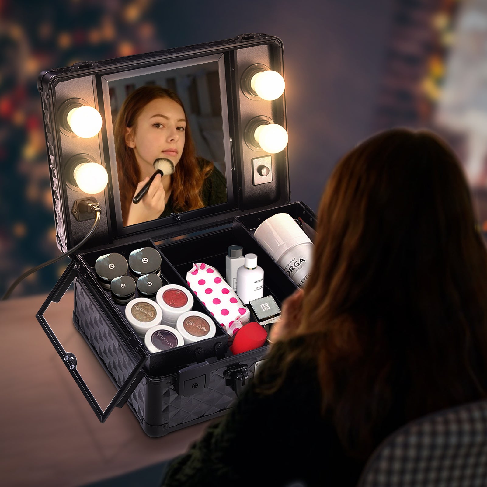 Black Makeup Travel Case Cosmetic Organizer with LED Light Mirror