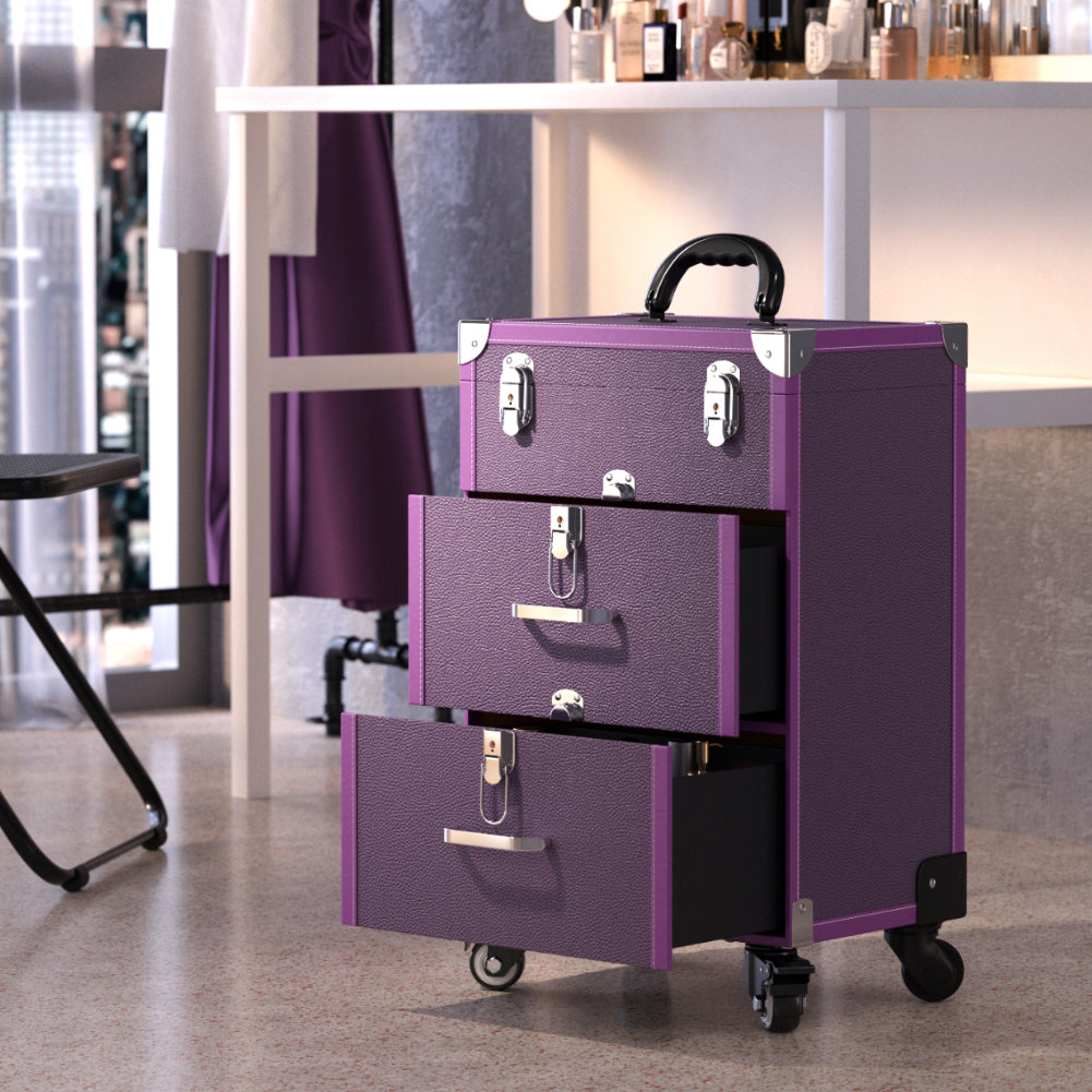 Purple Portable Cosmetic Makeup Travel Case with Tie Rods and Wheels