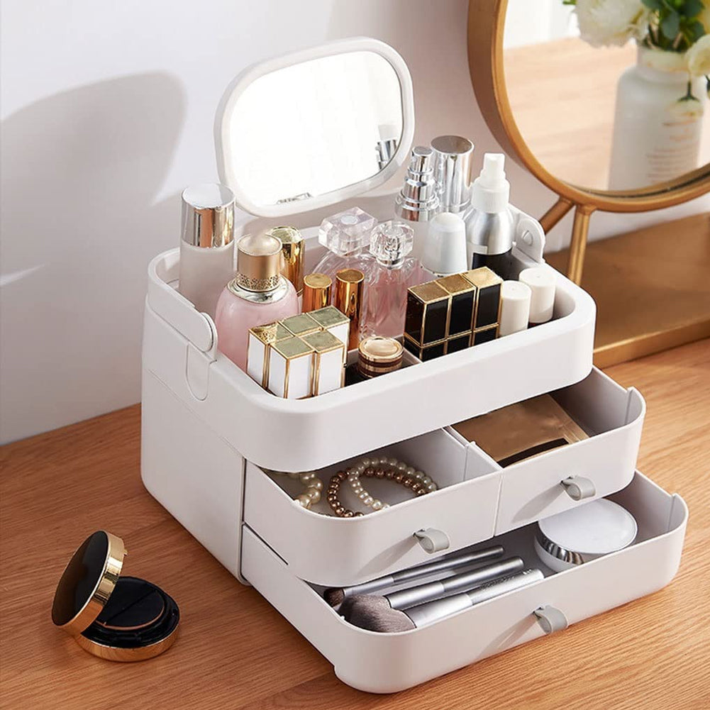 White Large Makeup Organizer with Mirror and Drawers