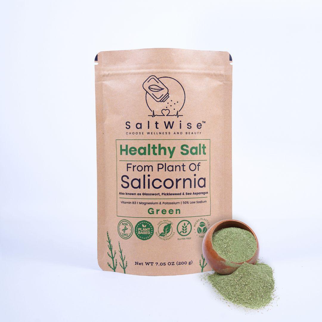 Green Salicornia Salt - Low Sodium Salt Substitute | Salicornia Powder (200gms/7.05 OZ Pouch) | Plant Based Salt | 100% Natural, No Additives