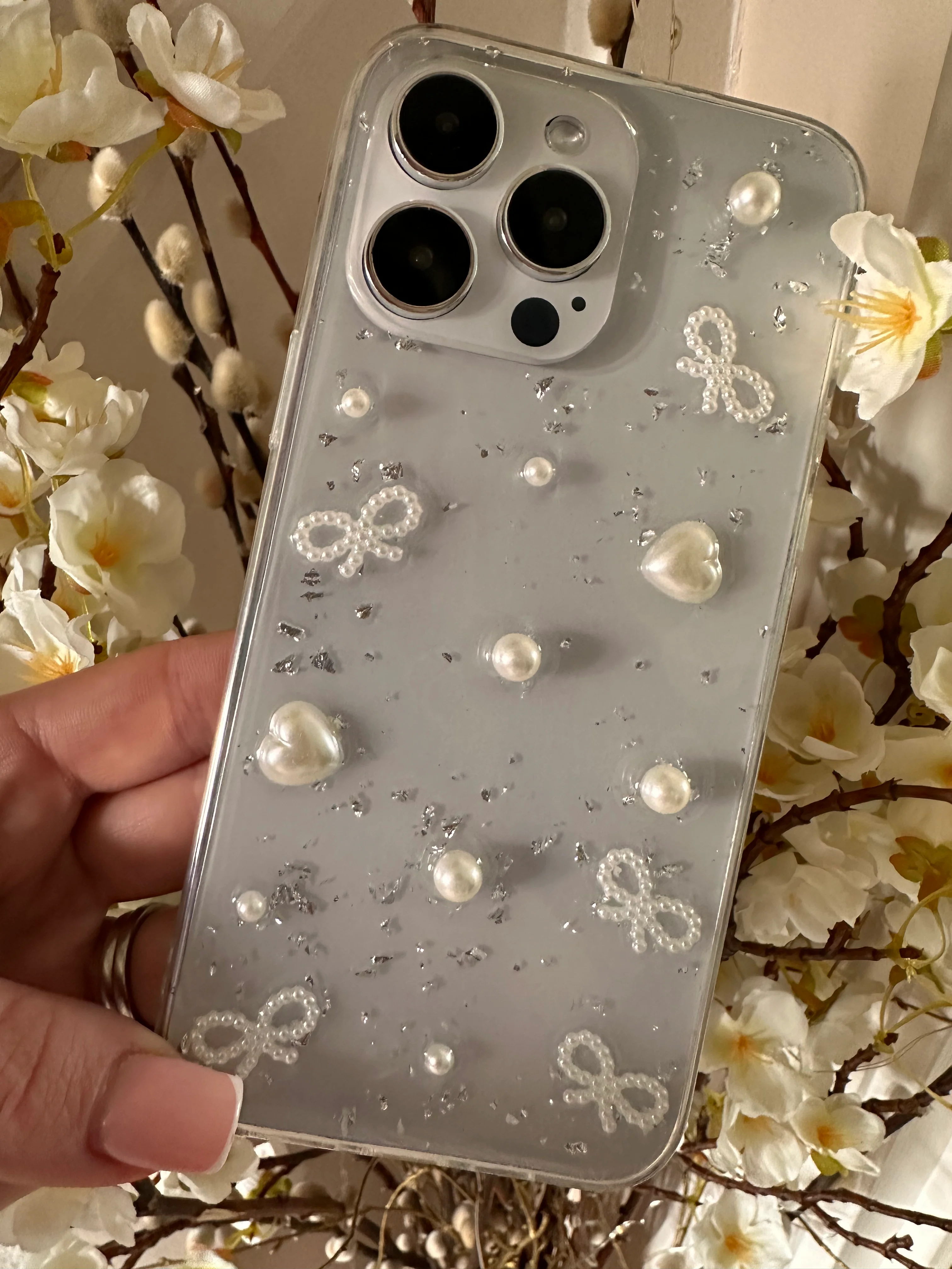 3D Pearl Bow Elegance Silver Foil Phone Case