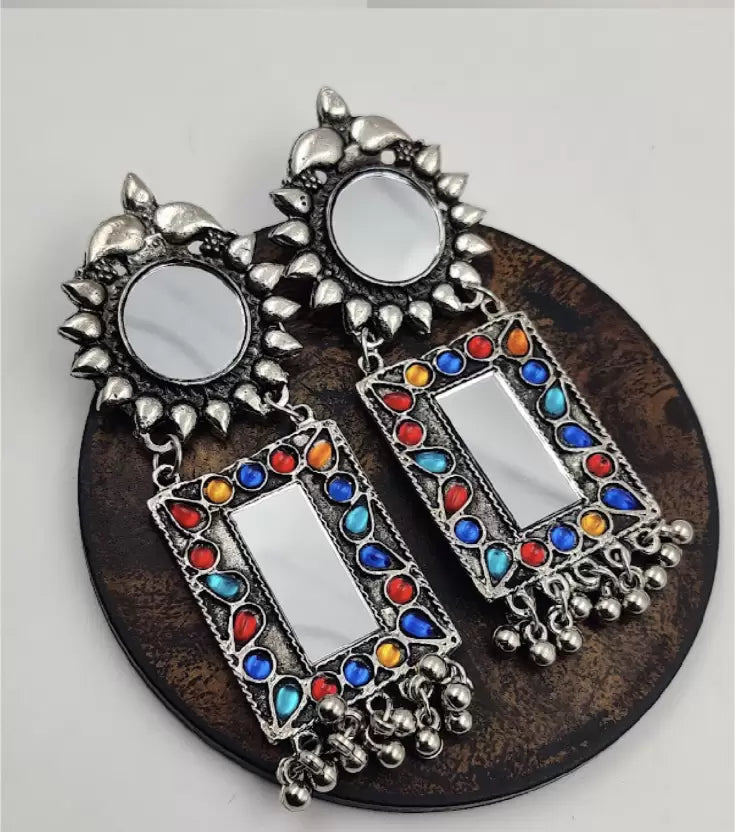 Traditional Multicolor Oxidised Hanging Stone and Mirror Earrings