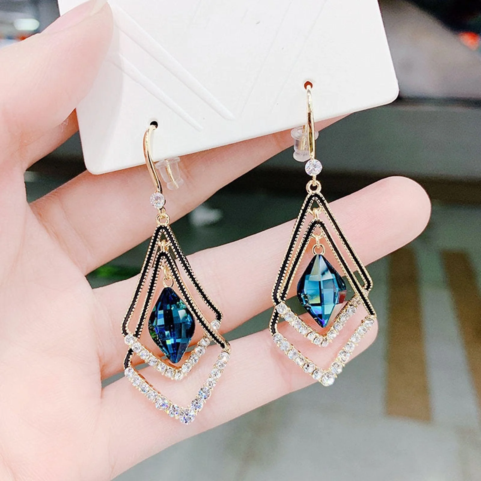 Double Layer Rhombus Rhinestones Jewelry Sparkling Electroplated Hook Earrings-Blue