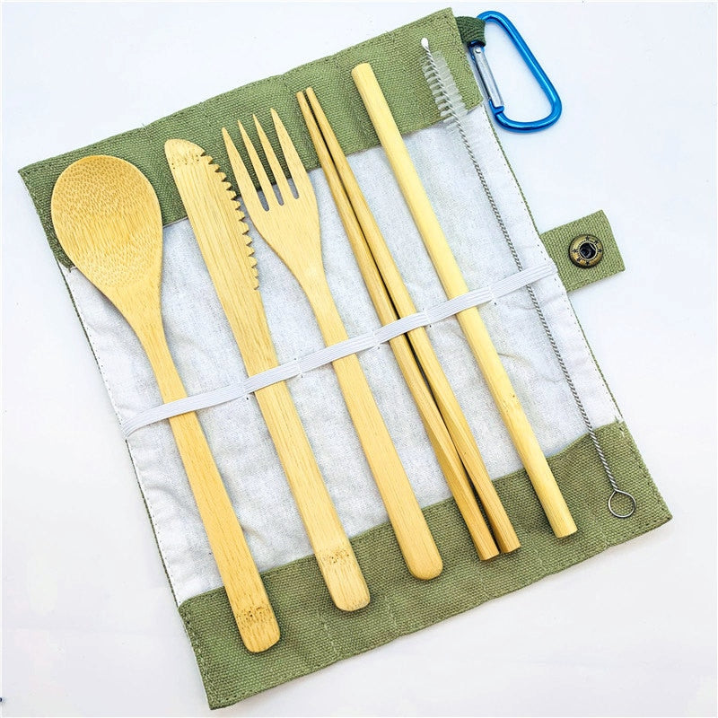 Eco-Friendly Bamboo Cutlery Set: 7-Piece Portable Flatware for Travel, Camping, and Daily Use