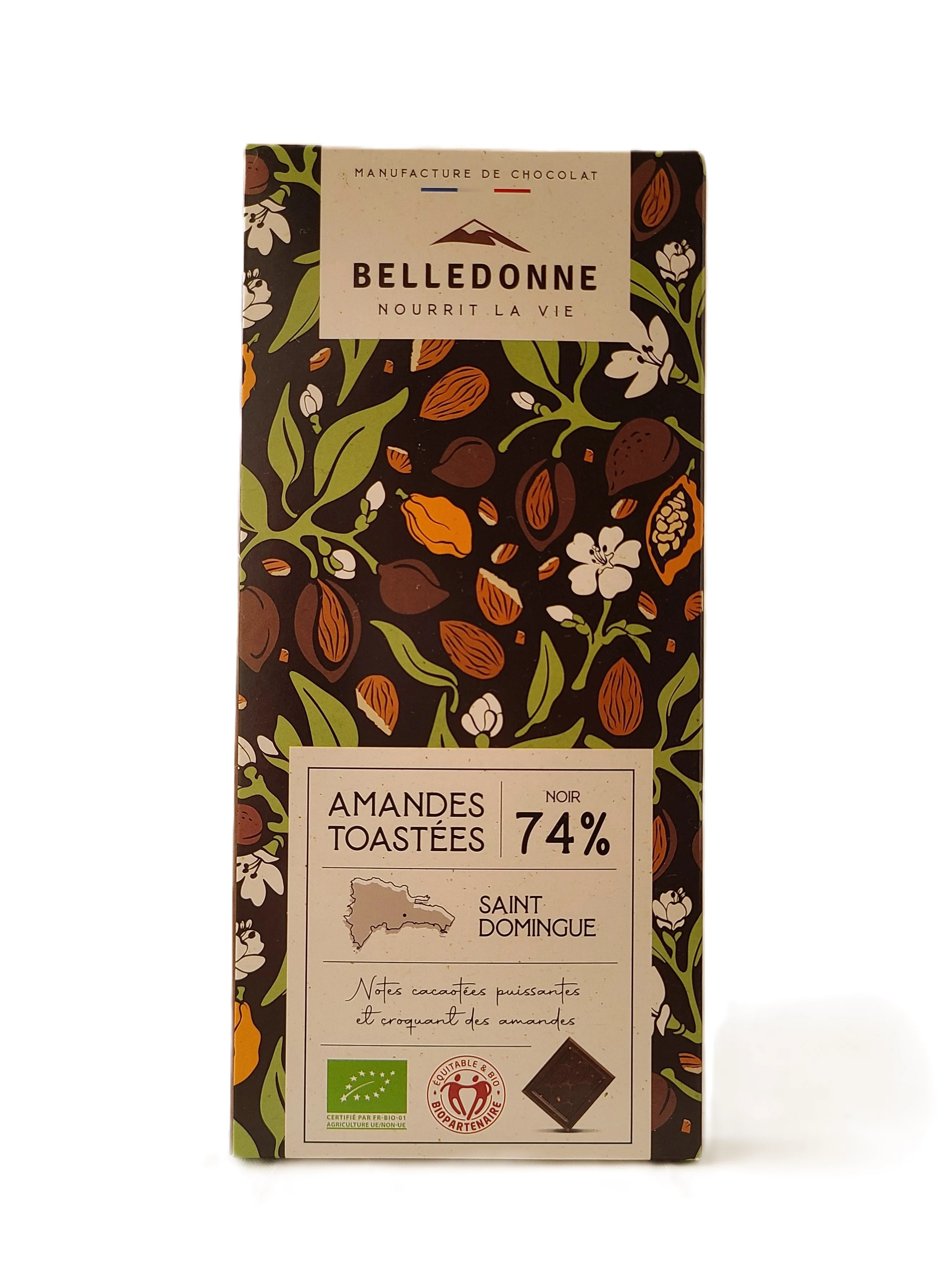 Tablette chocolat noir 74% éclats d'Amandes toastées 100g