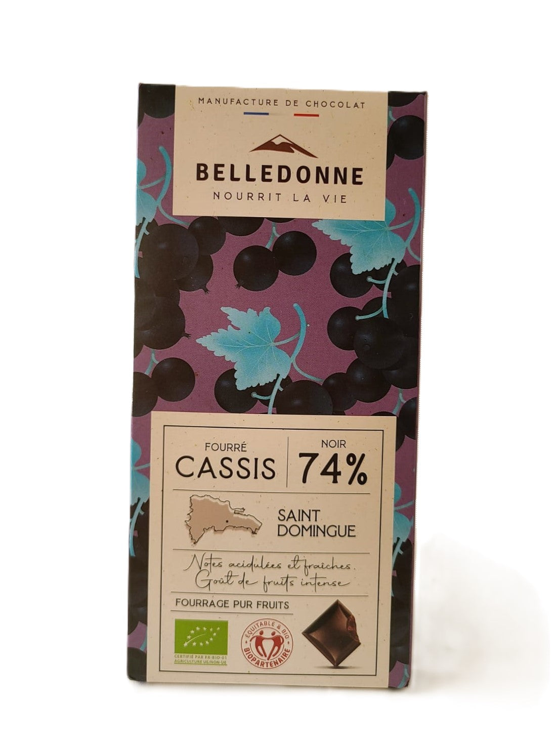 Tablette chocolat noir 74% fourré au Cassis 80g