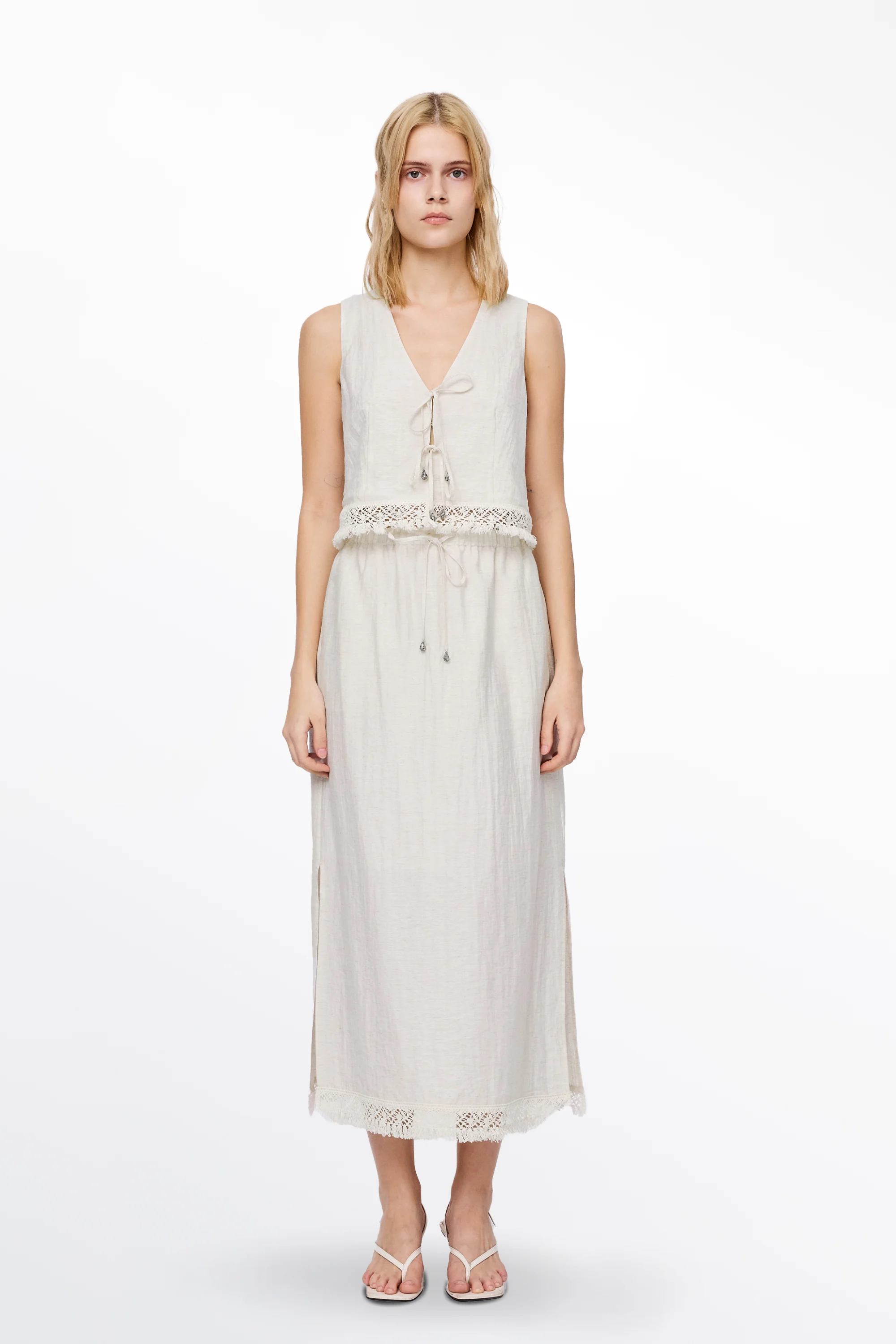 Velia Fringed Vest Set in Cotton Linen