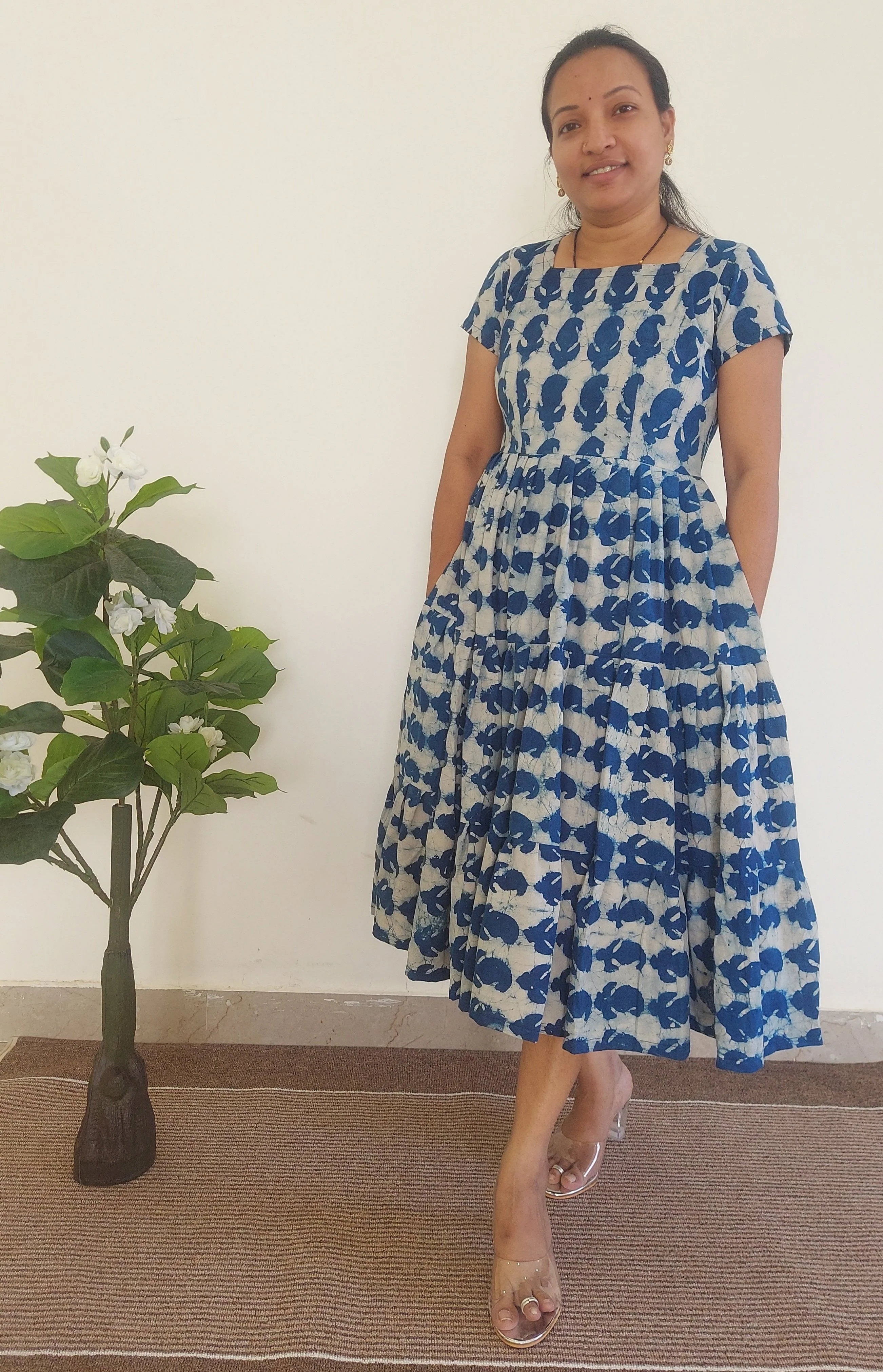 Mridula Blue Hand Block Print Cotton Midi Dress