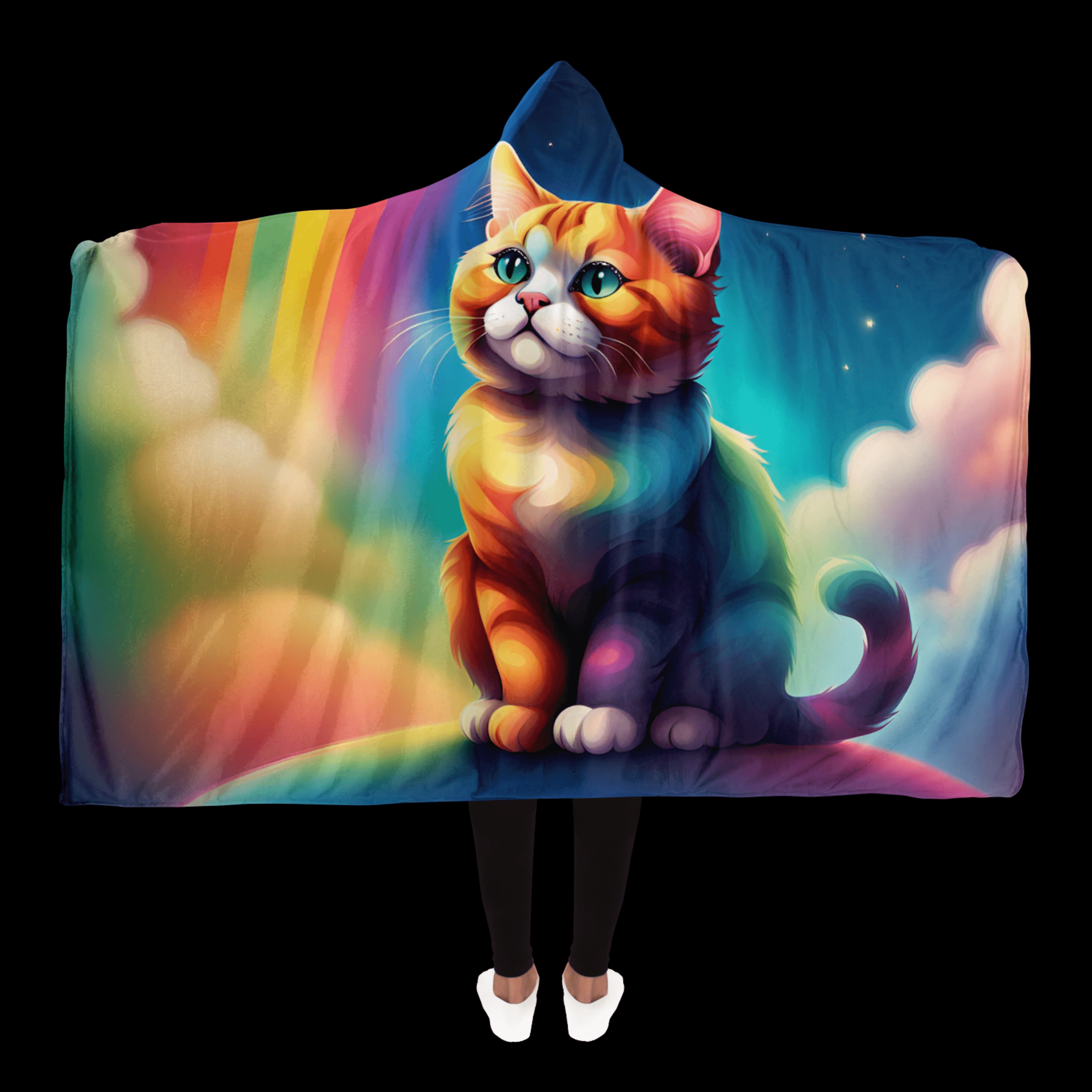 Verträumte Katze & Regenbogen Kapuzen-Decke