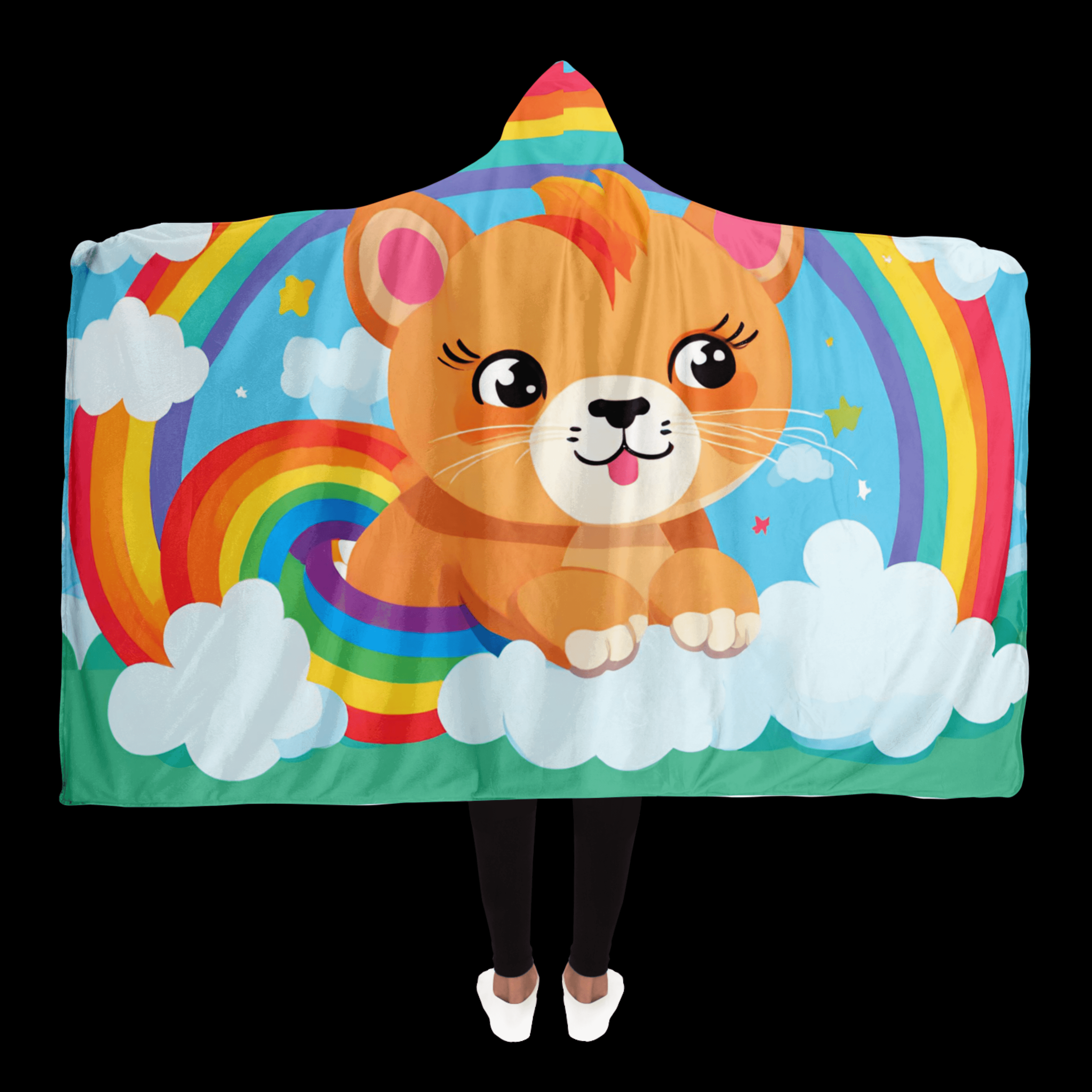 Löwenbaby & Regenbogen Kapuzen-Decke