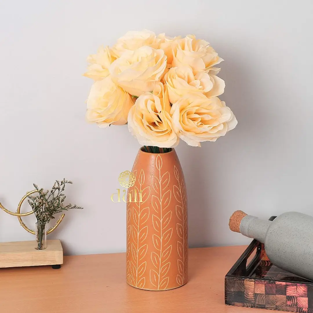 Artificial 12 Peach Rose Flower Bunch for Home, Garden, Table Decoration