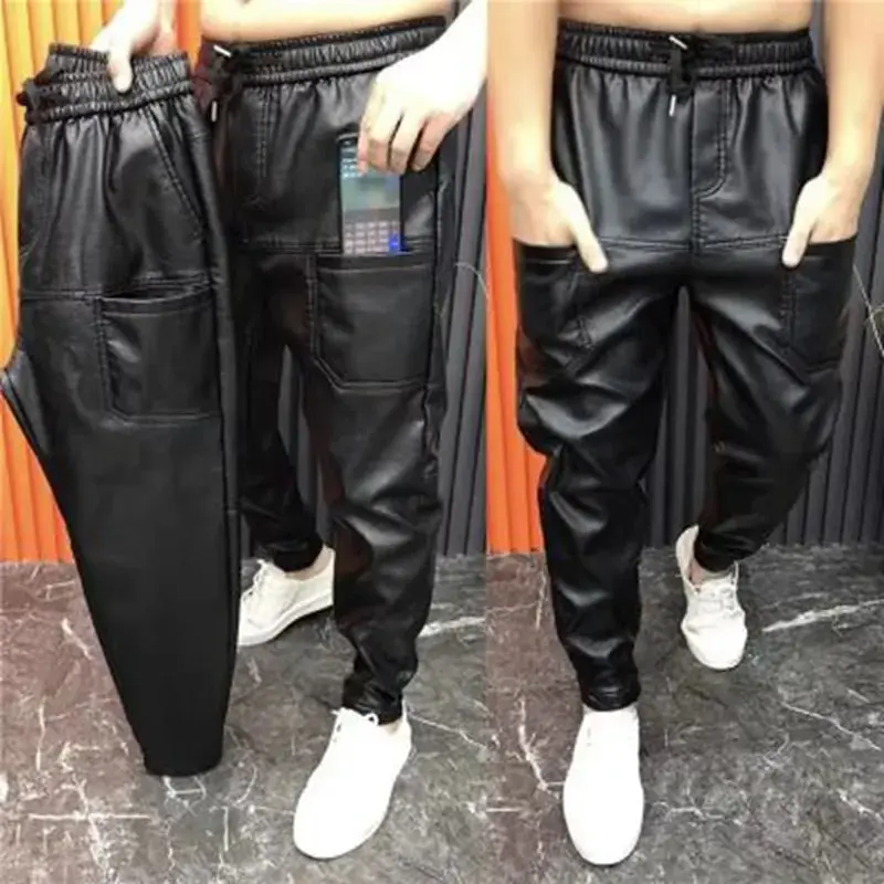 Men Leather Pants Elastic Waist Faux Leather Pants Men Joggers Zipper Pockets Black Streetwear Slim Pencil Pant Men Clothing