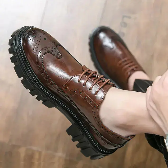 LIHUAMAO Oxford shoes men casual derby lace up round toe platform thick outsole leather shoes chunky heel punk style